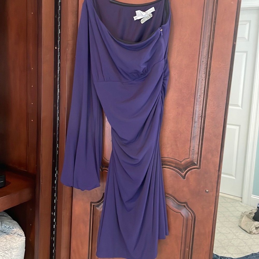 Beautiful one sleeve purple dress.  Ruching down side. Worn once